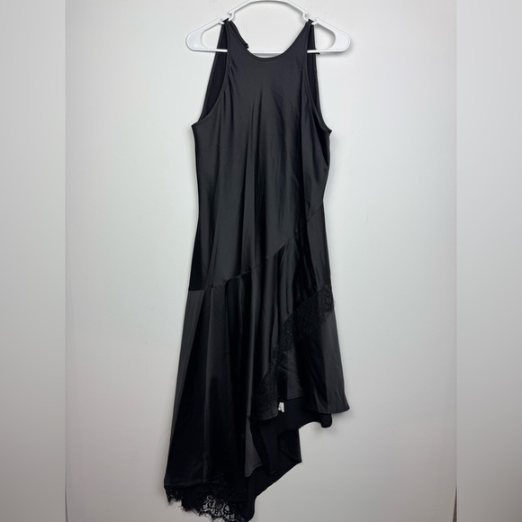 Melloday Black Satin and Lace Trim Asymmetric Hem Dress Size Large - Picture 2 of 7